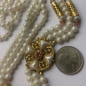 ‘1928’ Collection Faux pearl Pink Stones, Gold embellished long necklace